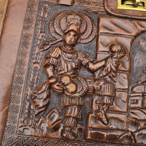 Vintage 70s Mexican Mayan Tooled Leather Handbag Shoulder Bag  Brown Top Handles - Picture 3 of 12